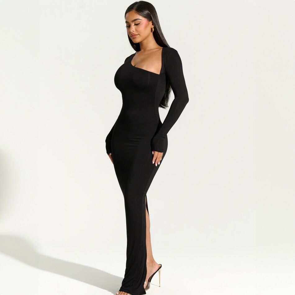 Long-sleeved Slim-fit Dress With Sloping Neck And Slit Back