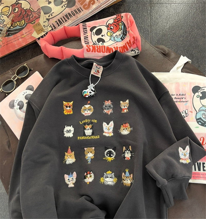 Full Printed Kitten Embroidery Street Fashion Women's Sweater Coat