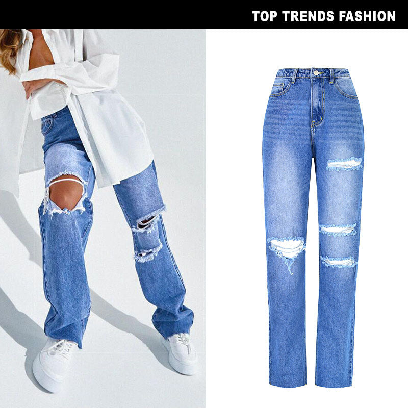 Women's High Waist Straight Ripped Jeans