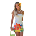 Tube Top Cinched Waist Positioning Printed Dress