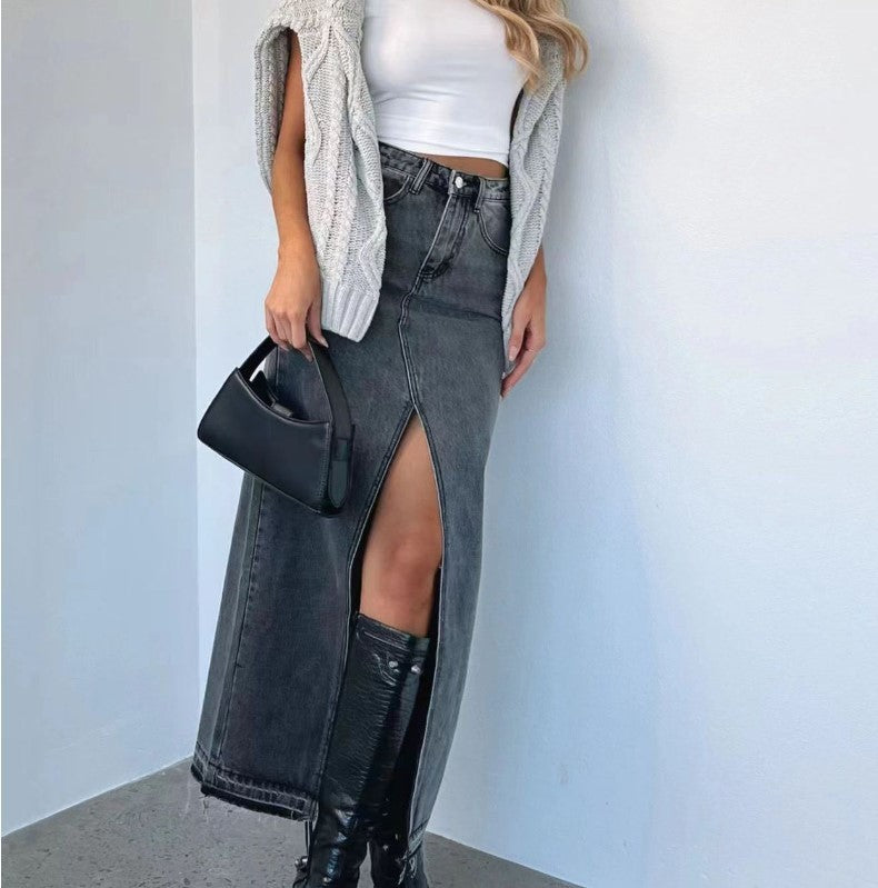 European And American Style Women's Clothing High Waist Slit Design Denim Skirt