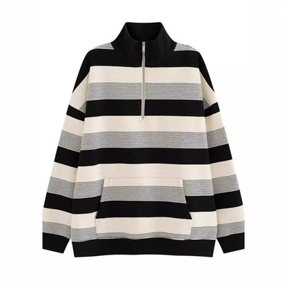 Women's American-style Retro Half-zip Striped Sweater