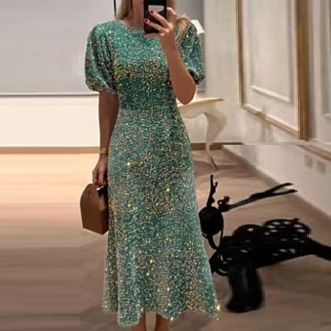 Light Luxury Temperament Heavy Embroidery Sequins Shiny Short Sleeve Dress