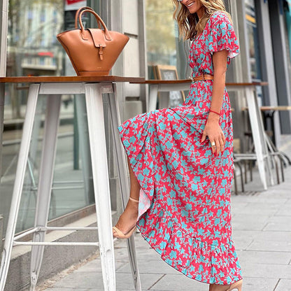 Fashion Printed V-neck Casual Irregular Dress