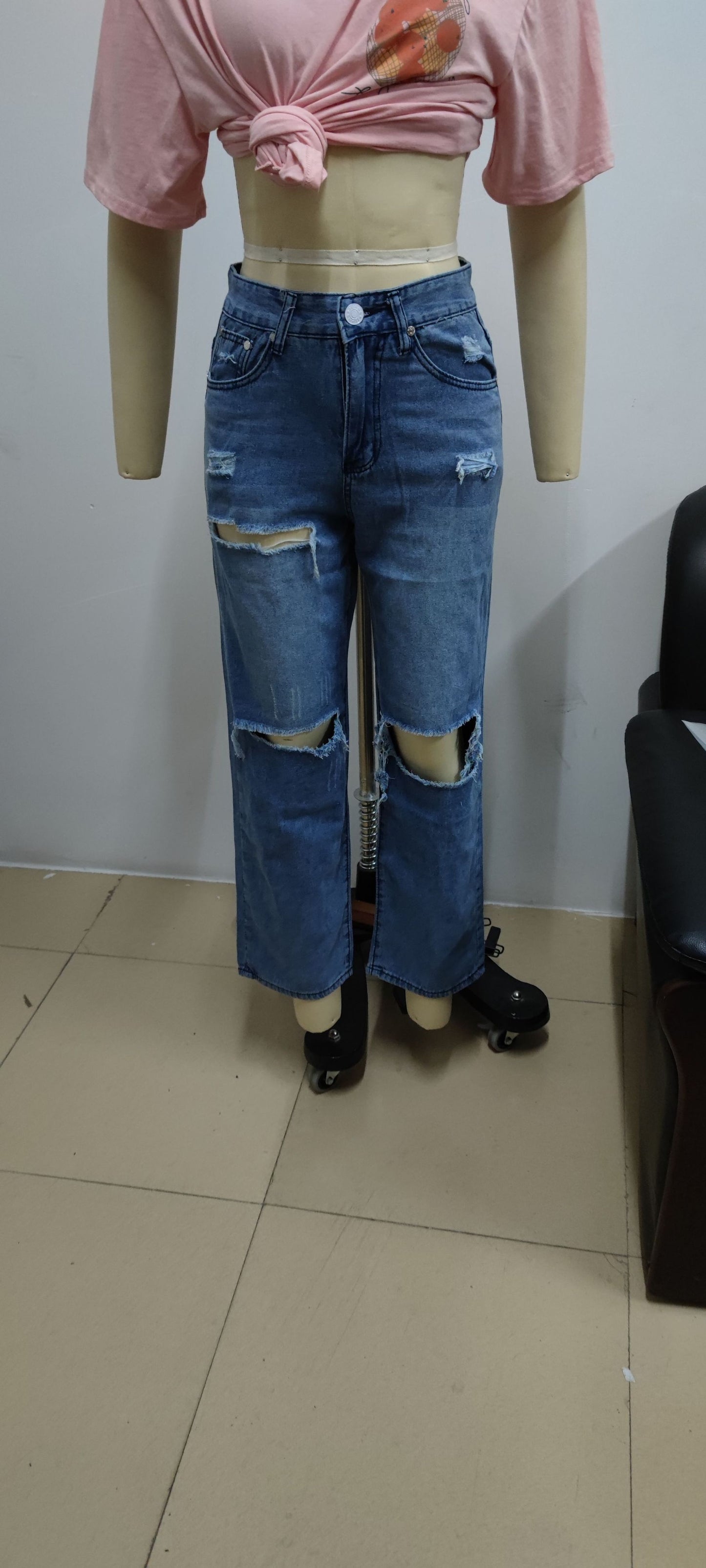 Fashion High Waist Ripped Wide Leg Thin Jeans Women