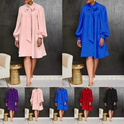 Women's Pure Color Tied Bow Lantern Long Sleeve Dress