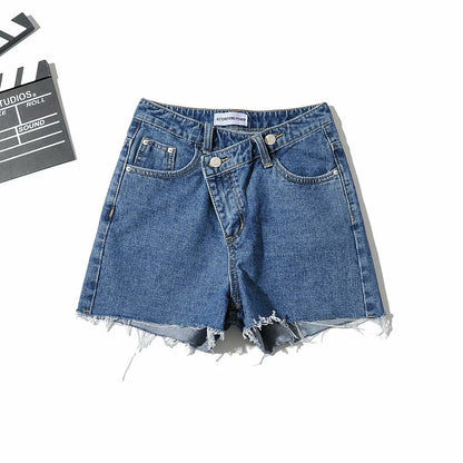 European And American Asymmetrical Slanted Denim Shorts