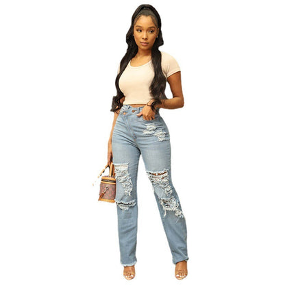 Women's Washed High Waist Straight Ripped Jeans