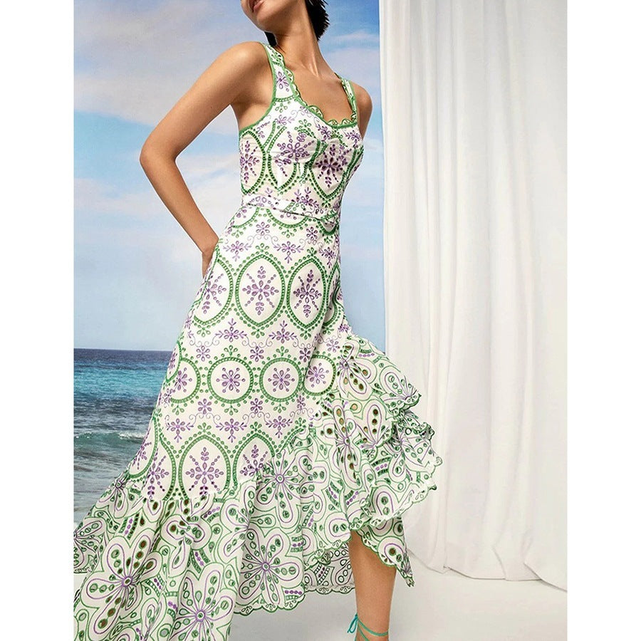 Seaside Vacation Style Irregular Embroidered Strap Dress