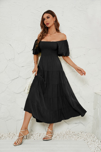 Summer Square Collar Backless Puff Sleeve Dress Women