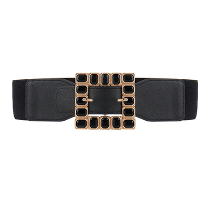 New Women's Wide Belt Black And White Square Drill High Elastic Elastic Senior Needle Buckle Waist Seal With Autumn And Winter Coat Belt