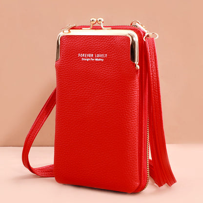 Mobile Phone Bag With Lock Design Korean Style Fashion Lychee Pattern Crossbody Bags For Women