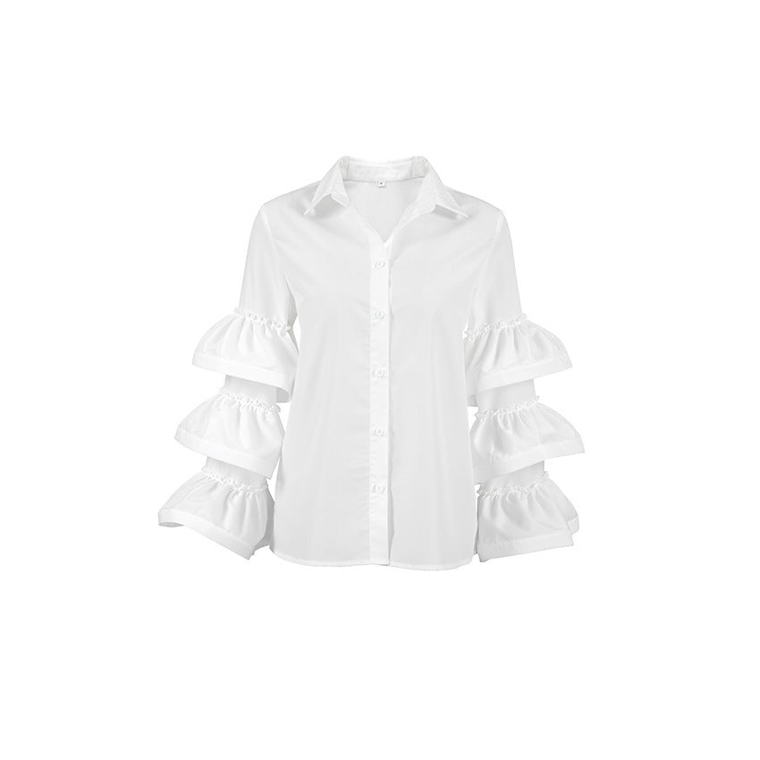 French Style Cotton Lapel Ruffled Shirt