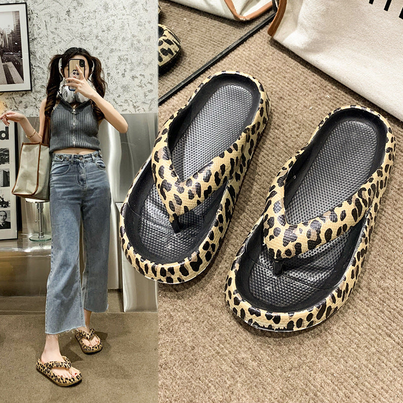 Herringbone Slippers Women Wear Summer Clip Toe Thick Sole Leopard Print