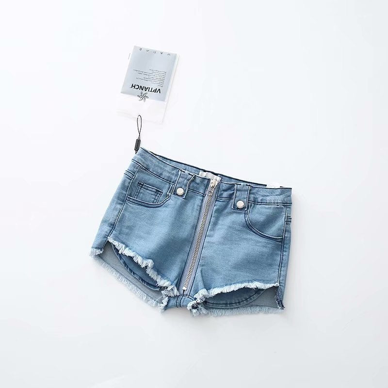 High Waist Stretch Fit Front Zip Denim Shorts