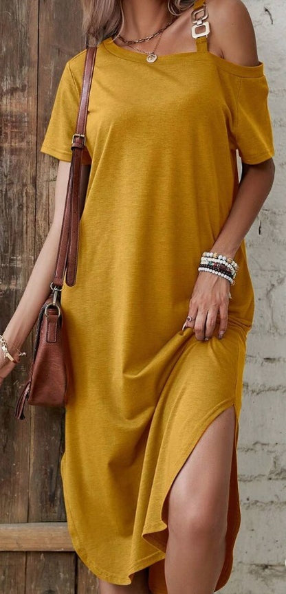 Women's Asymmetric Collar Split Thigh T-shirt Dress