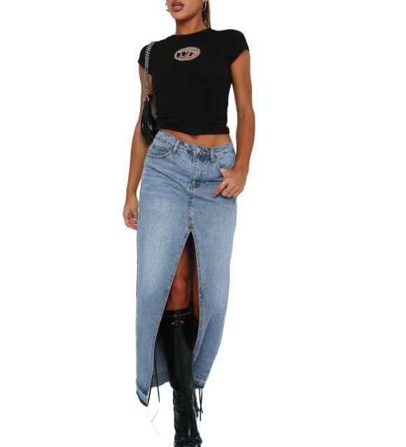 European And American Style Women's Clothing High Waist Slit Design Denim Skirt