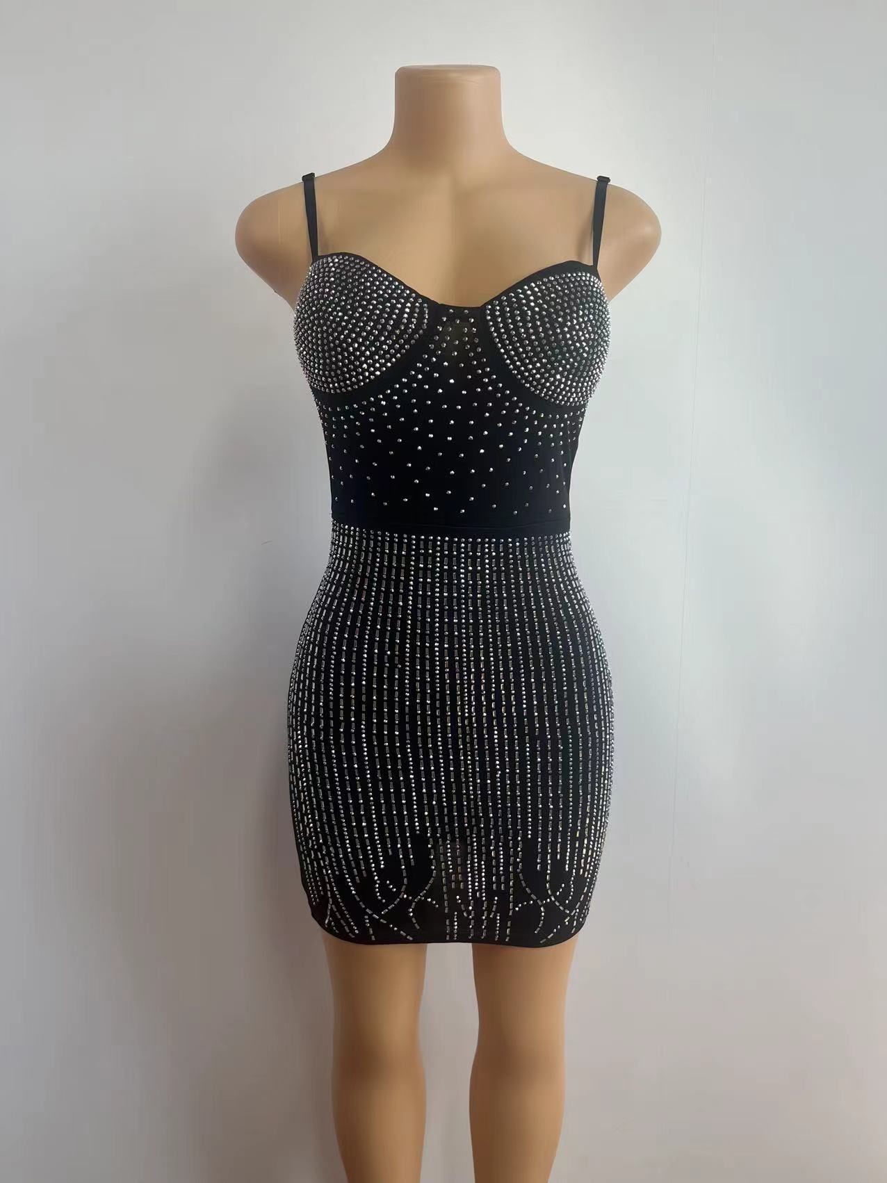 Fashion Women's Wear Mesh Rhinestone Hip Skirt Solid Color Sleeveless Sling Dress