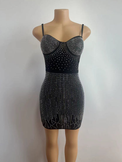 Fashion Women's Wear Mesh Rhinestone Hip Skirt Solid Color Sleeveless Sling Dress