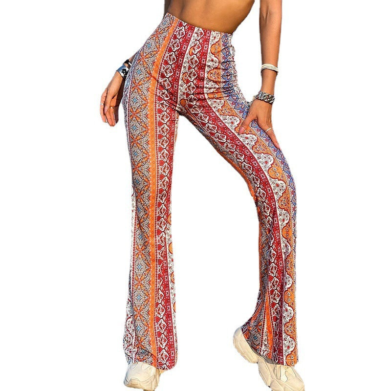 Meilaoshi New Bohemian Style Bell-bottom Pants Women's Ethnic Style Fashion Casual Stretch