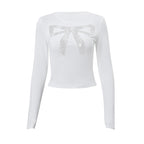 Round Neck Bowknot Printed Midriff-baring Long Sleeve Top T-shirt