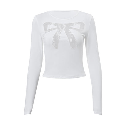 Round Neck Bowknot Printed Midriff-baring Long Sleeve Top T-shirt