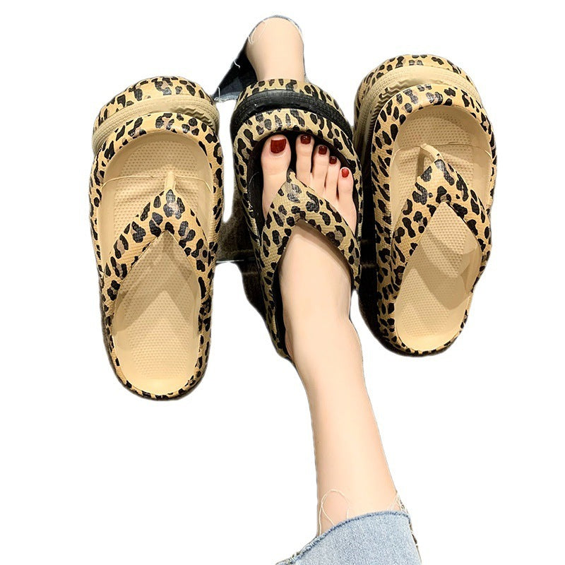 Herringbone Slippers Women Wear Summer Clip Toe Thick Sole Leopard Print