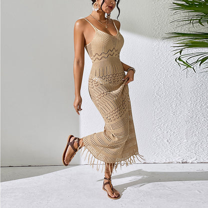 Cutout Sling Long Dress Slim-fit Tassel Beach Sleeveless Knitted V-neck