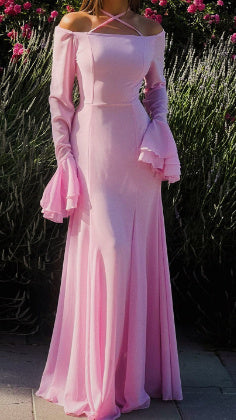 Ruffled Solid Color Long Sleeve Maxi Dress