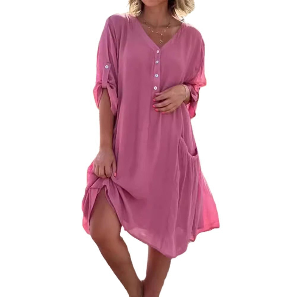 Solid Color Plus Size V-neck Middle Sleeve Pocket Dress