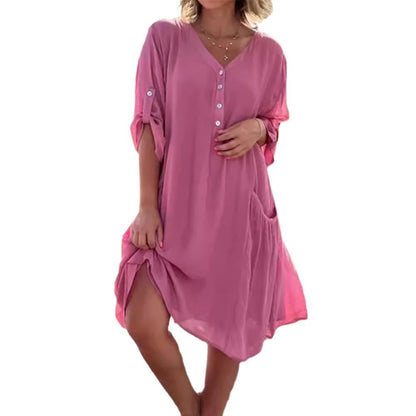 Solid Color Plus Size V-neck Middle Sleeve Pocket Dress