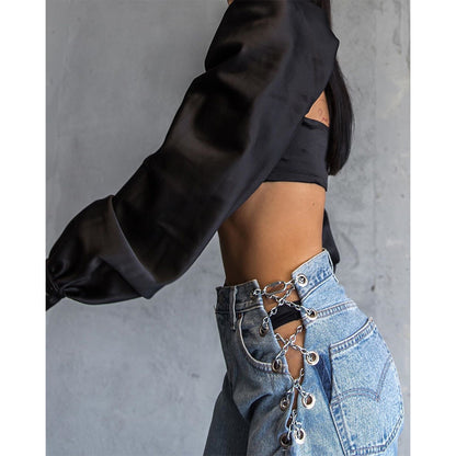 Metal Chain Cutout Design High Waist Jeans Sexy Straight Pants