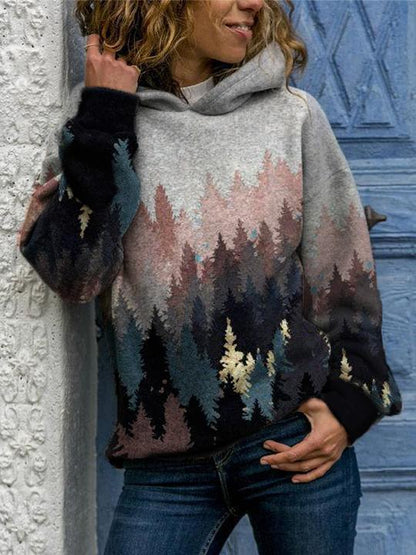 Hooded Long Sleeve Digital Printing Loose Casual Sweater For Women