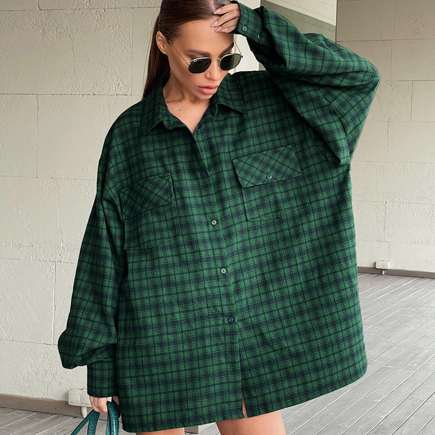 Green Plaid Retro Loose Shirt