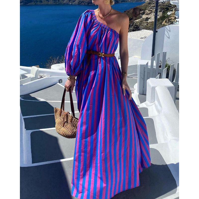 Fashion Personalized Oblique Shoulder Boho Striped Women's Mid-length Dress