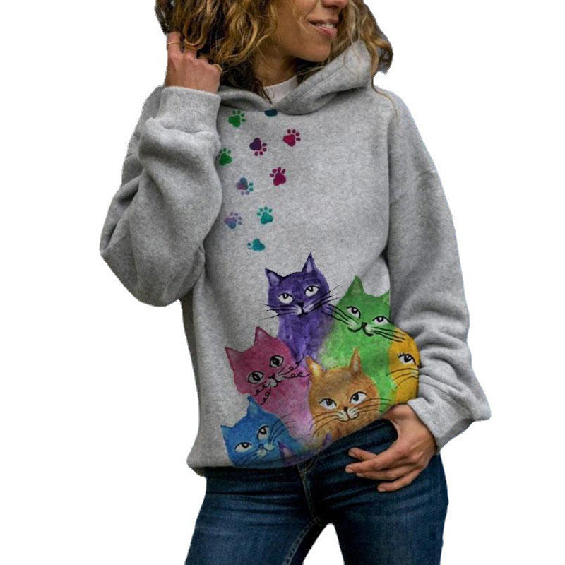 Hooded Long Sleeve Digital Printing Loose Casual Sweater For Women