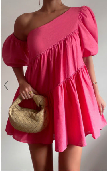 Casual Loose Off-the-shoulder Puff Sleeves Stitching Short Sleeve Dress