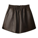 PU Leather Elastic Waist Autumn And Winter A- Line Small High Waist Slimming Outside Wear Casual Shorts