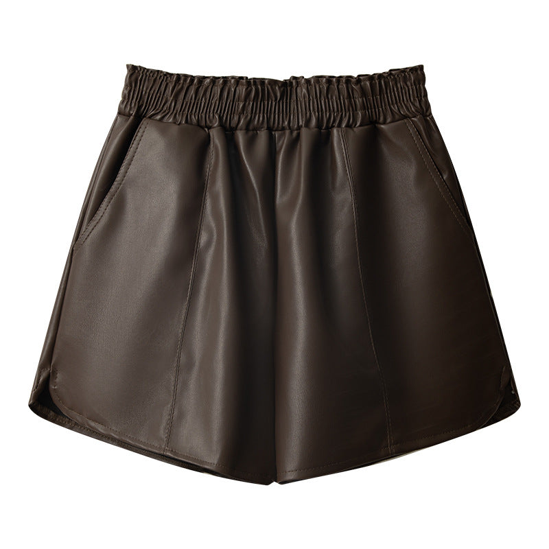 PU Leather Elastic Waist Autumn And Winter A- Line Small High Waist Slimming Outside Wear Casual Shorts