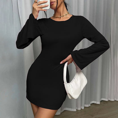 Women's Clothing New Sexy Backless Round Neck Pullover Bell Sleeve Hip Skirt Long Sleeve Dress