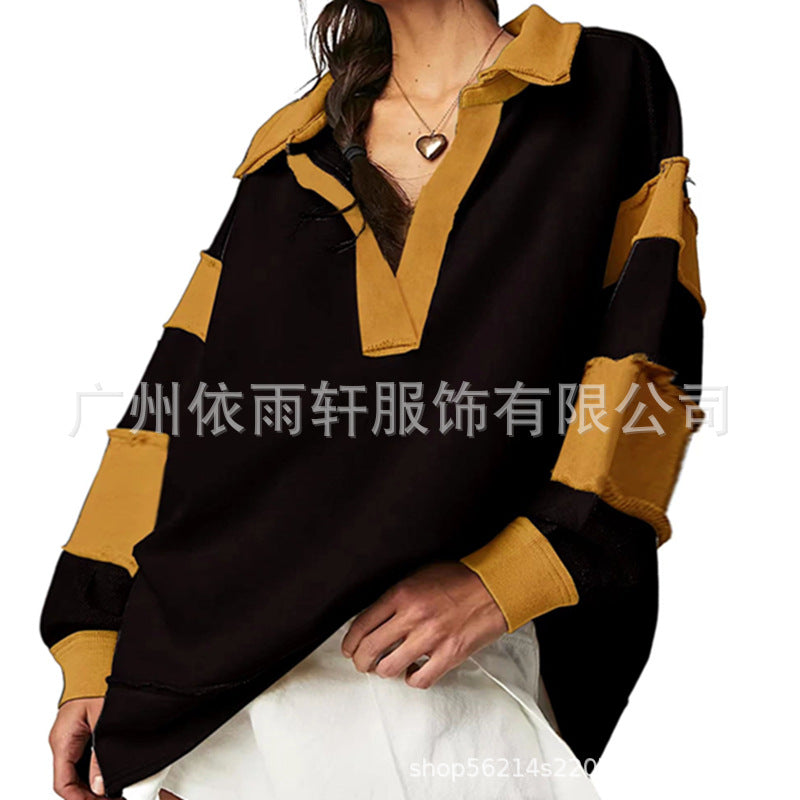 Loose V-neck Casual Long Sleeve Pullover Split Patchwork Sweater