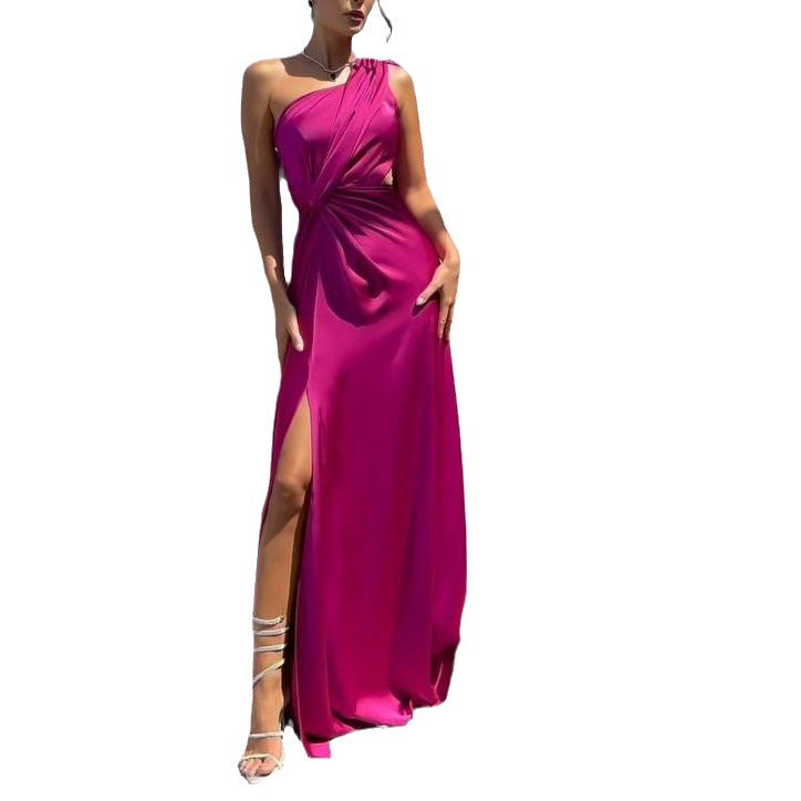 Women's One-shoulder Pleated Slit Satin Dress