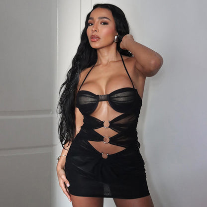 Sexy Hot Girl Mesh See-through Ripped Halter Lace-up Slim Fit Sheath Dress