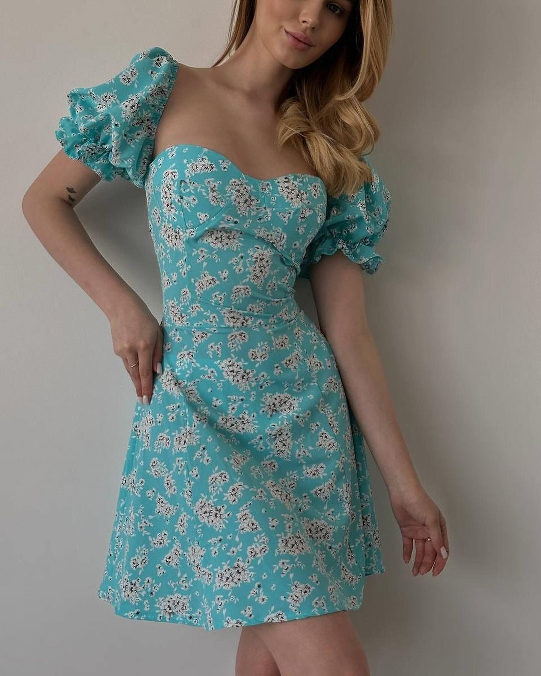 Lace-up Vintage Floral High Waist Puff Sleeve French Dress