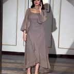Solid Color Nine-quarter Sleeve Ruffled Irregular Dress