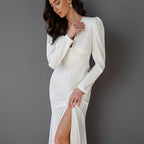 Satin White V-neck Puff Sleeve Split Waist Fitted Fishtail Dress