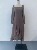 Solid Color Nine-quarter Sleeve Ruffled Irregular Dress