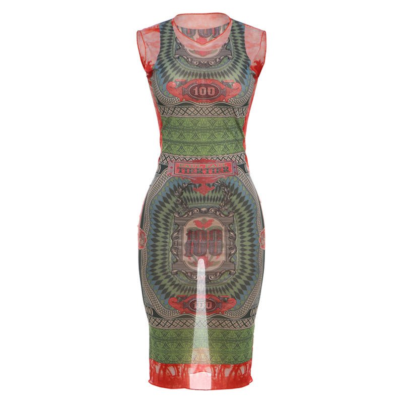 European And American Digital Printing Sleeveless High Waist Slim Fit Dress