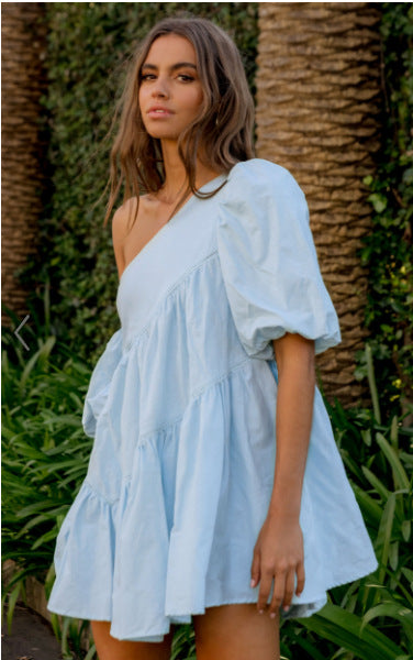 Casual Loose Off-the-shoulder Puff Sleeves Stitching Short Sleeve Dress