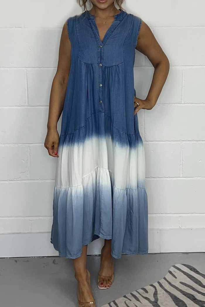 Women's Tie-dye Lyocell Denim Blue And White Long Sleeveless Dress